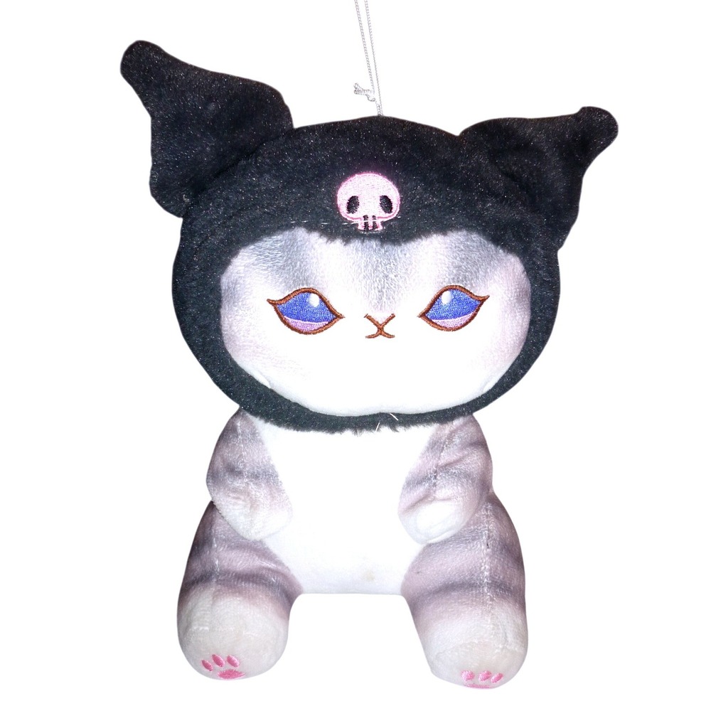Sanrio Kuromi Plush Grey Striped Cat Costume Pink Skull Jester Hat 9 Inch